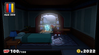 Mario near the revealed ghost in the Room 203 of Dark Bloo Inn of Paper Mario: Color Splash.