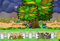 Mario finding two Blue Berries in Flower Fields of Paper Mario.