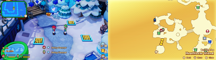 Mario and Luigi near 3 vents containing 60 Coins and 20 Five Coins on Heatfreeze Island of Mario & Luigi: Brothership.
