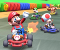 Thumbnail of the Toad Cup challenge from the Flower Tour; a Big Reverse Race challenge set on SNES Mario Circuit 1