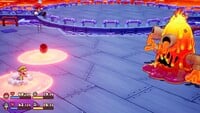 Pipegunk in its fiery form attacking Mario and Luigi with fireballs that leave behind puddles of lava in Mario & Luigi: Brothership.