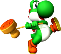 Mario Party 6 promotional artwork: Yoshi equipped with a stamp hammer. Based on the mini-game Stamp By Me, version 1.