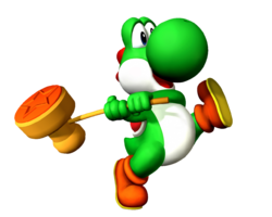 Mario Party 6 promotional artwork: Yoshi equipped with a stamp hammer. Based on the mini-game Stamp By Me, version 1.