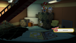 Mario being given a Mushroom by a Toad in Overlook Tower of The Origami King.