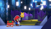 Mario, Olivia, and Bowser face King Olly after entering Origami Castle in Paper Mario: The Origami King
