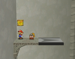 Mario next to the Shine Sprite above the left airplane panel before the Thousand-Year Door in Paper Mario: The Thousand-Year Door.