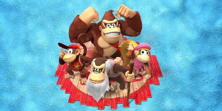 Picture of the Kong Family shown with the fifth question in the Mushroom Kingdom pop quiz. Pictured, clockwise from the topmost character: Donkey Kong, Dixie Kong, Cranky Kong, and Diddy Kong. This picture is promotional artwork for Donkey Kong Country: Tropical Freeze.