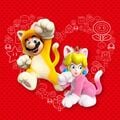 Artwork of Mario and Princess Peach in their Cat forms over 2D art of various items, including the Giga Bell