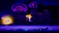 Mermaid Peach, a fish, and two Theets who feel depressed in Blight of the Sea in Princess Peach: Showtime!.