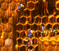Dixie Kong, being carried by Quawks in Donkey Kong Country 2.