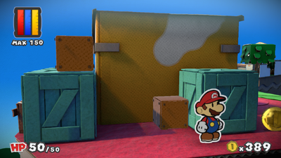Mario behind the house in Ruddy Road of Paper Mario: Color Splash.