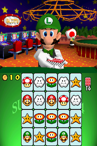 The player participating in the minigame Pair-a-Gone with Luigi as the card dealer. Screenshot from Super Mario 64 DS