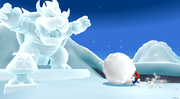 A snow statue of Bowser in Freezy Flake Galaxy.