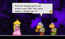 The Hammer Bro captain telling Princess Peach that "The Koopa soldier will escort out of Castle Bleck, and that they (Peach and Private Koopa) "can still save [their skins."