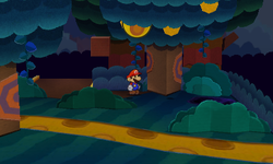 Mario near a tree containing a Wiggler Segment, Billiard Ball, 2 Coins and Hammer Sticker in Strike Lake of Paper Mario: Sticker Star.