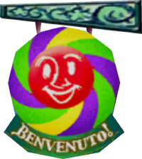 Model of an interactable hanging sign labeled "Benvenuto!" ("Welcome!" in Italian) found in Delfino Plaza in Super Mario Sunshine