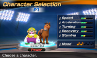 Wario's stats in the horse racing portion of Mario Sports Superstars