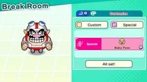The Baby Face customization option in the Break Room from WarioWare: Get It Together!.