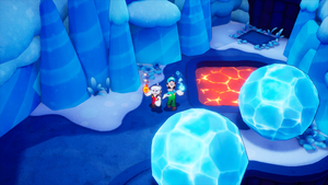 Mario and Luigi with the Fire & Ice Bros. Move activated in Mario & Luigi: Brothership