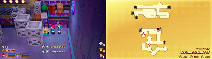 Mario and Luigi near a vent containing 30 Five Coin in Fortess Zokket of Mario & Luigi: Brothership