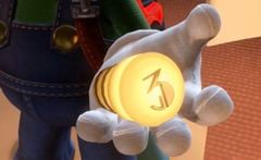 Luigi holding the 3rd Elevator button from Luigi's Mansion 3