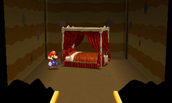 Mario near the Luxurious Bed Thing in Long Fall Falls of Paper Mario: Sticker Star.