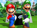 Mario and Luigi examine a trophy before the two princesses call them.