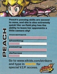 Mario Strikers Charged trading card featuring Princess Peach (back). Taken from Nintendo Power