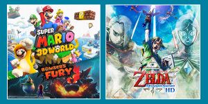 Image presented with the "Action & adventure games" result in Online Quiz: What kind of gamer are you?, showing Super Mario 3D World + Bowser's Fury and The Legend of Zelda: Skyward Sword HD