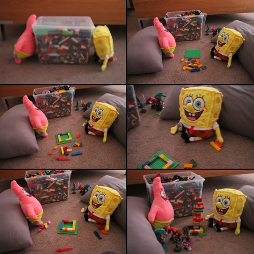 Six photographs are arranged in a right to left, top to bottom comic format. The first shows Spongebob and Patrick holding a box full of LEGO pieces. In the second, Spongebob and Patrick start preparing to build, with some figurines in background. In the third, Spongebob and Patrick start building a small LEGO structure. The fourth shows Spongebob with some LEGO pieces in his hand. The fifth shows some LEGO pieces in front of Spongebob and Patrick, with their structure built a little more. The sixth and final panel shows Spongebob and Patrick are finished, having built a tower of LEGOs with some figurines in front of Patrick.