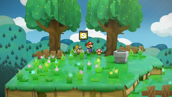 Mario getting a Mushroom from a tree in the western part of Petal Meadows of Paper Mario: The Thousand-Year Door for Nintendo Switch.