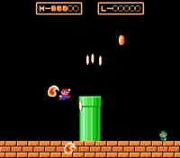 Mario and Luigi in Battle Mode, with coins and Fireballs erupting from a pipe fountain, in Super Mario Bros. 3 (NES)