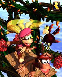 Group artwork of Diddy Kong and Dixie Kong passing by Screech while going through Screech's Sprint in Donkey Kong Country 2: Diddy's Kong Quest