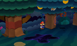 Mario near a tree containing 2 Coins and a Hammer Sticker in Strike Lake of Paper Mario: Sticker Star.