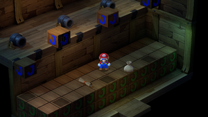 Mario finding a Mushroom in the fifth puzzle room of Sunken Ship of Super Mario RPG.