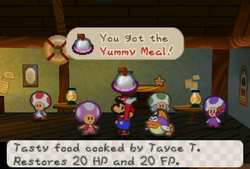 Mario receiveing an Yummy Meal from Trading Event Toad in Toad Town of Paper Mario.