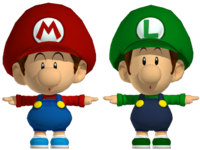 A comparison of the Baby Mario Bros.'s (Baby Mario and Baby Luigi) models. The model is rendered in 3DS Max 2010, with Light Tracer settings enabled and mental ray lighting.