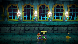 Mario getting a Coin from a boo in Creepy Steeple of Paper Mario: The Thousand-Year Door for Nintendo Switch.