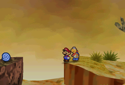 Mario finding Dizzy Dial in Gusty Gulch of Paper Mario.