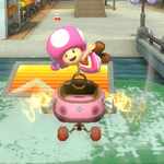 Toadette performing a trick. Mario Kart 8.