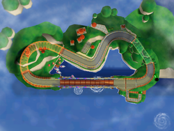 Aerial view of Mushroom Bridge in Mario Kart: Double Dash!!