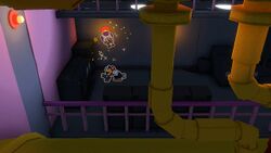 A crewmember of The Princess Peach, stuck between maintenance machines in the Engine Room.