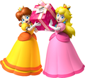 Princess Peach and Princess Daisy holding a pink gift