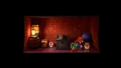 Mario near the items in the storeroom of the item shop in Twilight Town of Paper Mario: The Thousand-Year Door for Nintendo Switch.
