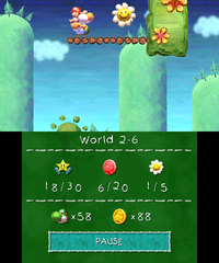 Smiley Flower 2: At the end of the first area, on a ledge on the upper right. Orange Yoshi can access the Smiley Flower by jumping on a Gusty.