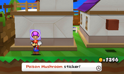 Mario holding a Poison Mushroom Sticker after Swindler Toad gives it to him and leaves in Decalburg of Paper Mario: Sticker Star.