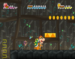 Bowser standing near the row of 41 Coins in Floro Caverns of Chapter 5-3 of Super Paper Mario.
