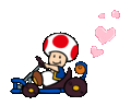 Toad driving and leaving a trail of hearts.