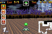 Luigi racing on Ghost Valley 2 in Mario Kart: Super Circuit.