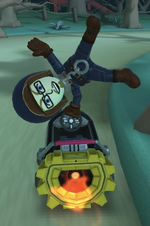 The Chain Chomp Mii Racing Suit performing a trick.